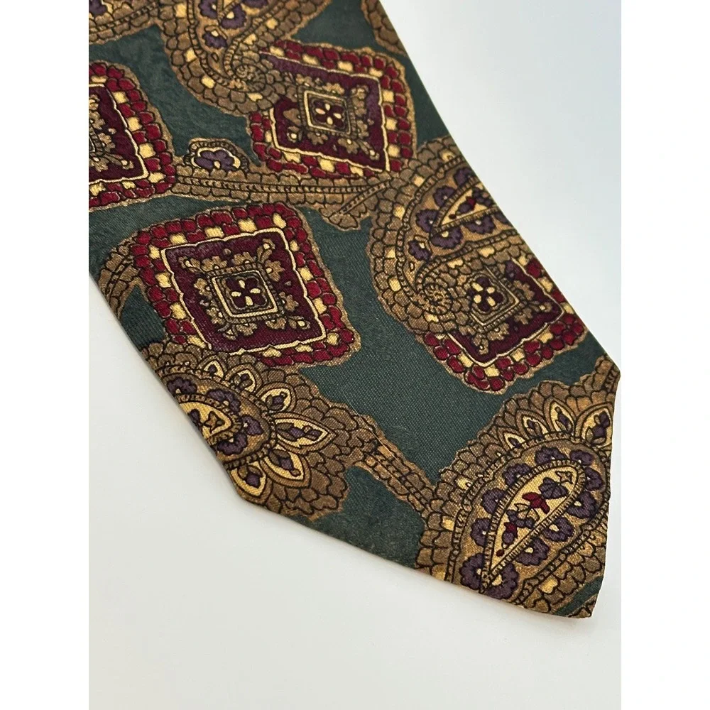 Robert Talbott Carmel Necktie Paisley Square Olive Green Burgundy‎ Silk Tie